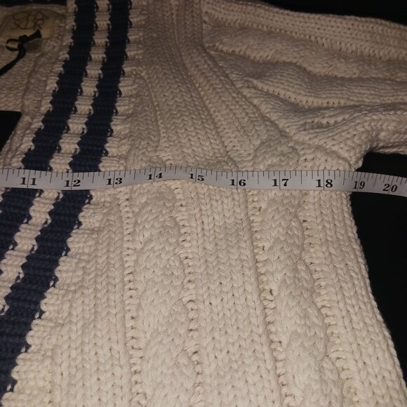 NEW Chaser Cable Knit Belted Cardigan In Cake/Cream & Blue Jay Stripe M Preppy - Picture 9 of 11